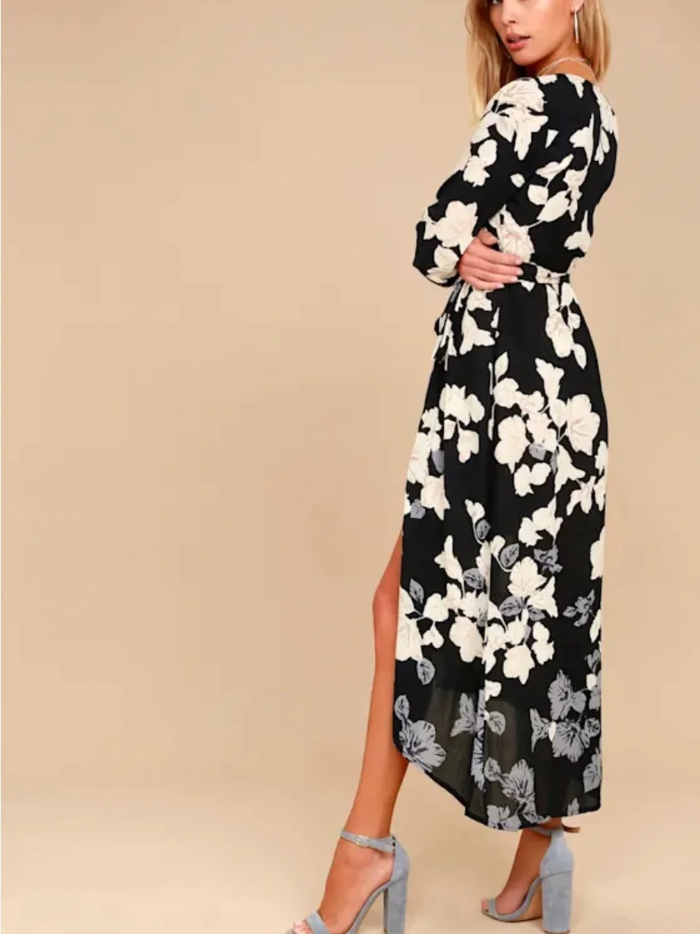 Lulu's Black Wrap Midi Dress with Cream Floral Print - Picture 2 of 4